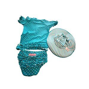 RuffleButts Girls Polka Dot Swim Set & Hat‎ 3-Piece